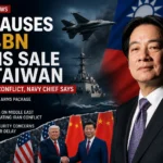 News graphic showing Taiwan’s leader alongside military imagery and US-China diplomatic visuals with headline about the United States pausing a $14 billion arms sale to Taiwan.