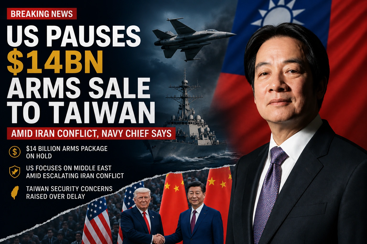 News graphic showing Taiwan’s leader alongside military imagery and US-China diplomatic visuals with headline about the United States pausing a $14 billion arms sale to Taiwan.