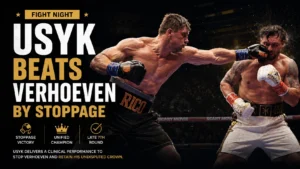 Rico Verhoeven reacts after losing to Oleksandr Usyk in heavyweight boxing match in Egypt.