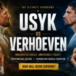 Oleksandr Usyk and Rico Verhoeven during a face-off ahead of their DAZN heavyweight boxing title fight in Egypt.