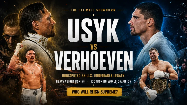 Oleksandr Usyk and Rico Verhoeven during a face-off ahead of their DAZN heavyweight boxing title fight in Egypt.