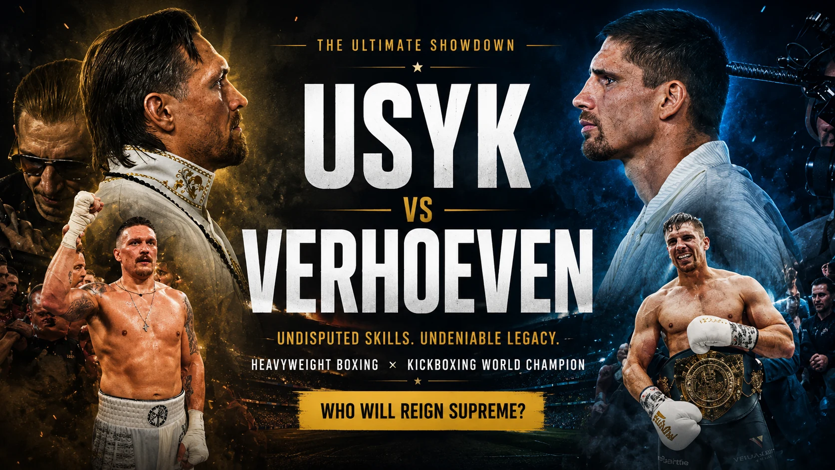Oleksandr Usyk and Rico Verhoeven during a face-off ahead of their DAZN heavyweight boxing title fight in Egypt.