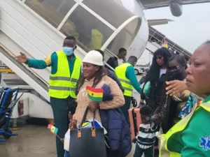 Ghanaian evacuees arrive in Accra after being repatriated from South Africa during a government-led evacuation operation.