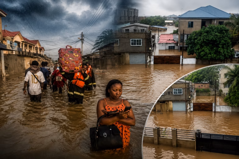 Floodwaters surrounding electrical infrastructure at Achimota Substation in Accra.