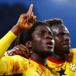 Ghana midfielder Caleb Yirenkyi celebrates after scoring a late winner against Panama at the 2026 FIFA World Cup.