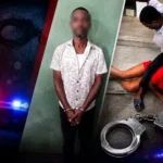 Composite image showing a handcuffed suspect and an arrest scene during a police operation.