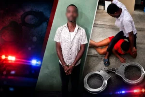 Composite image showing a handcuffed suspect and an arrest scene during a police operation.