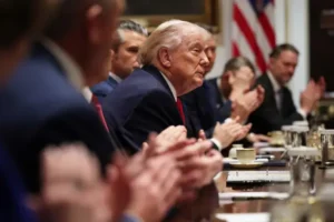 US President Donald Trump during a White House meeting while discussions continue over a proposed agreement with Iran.