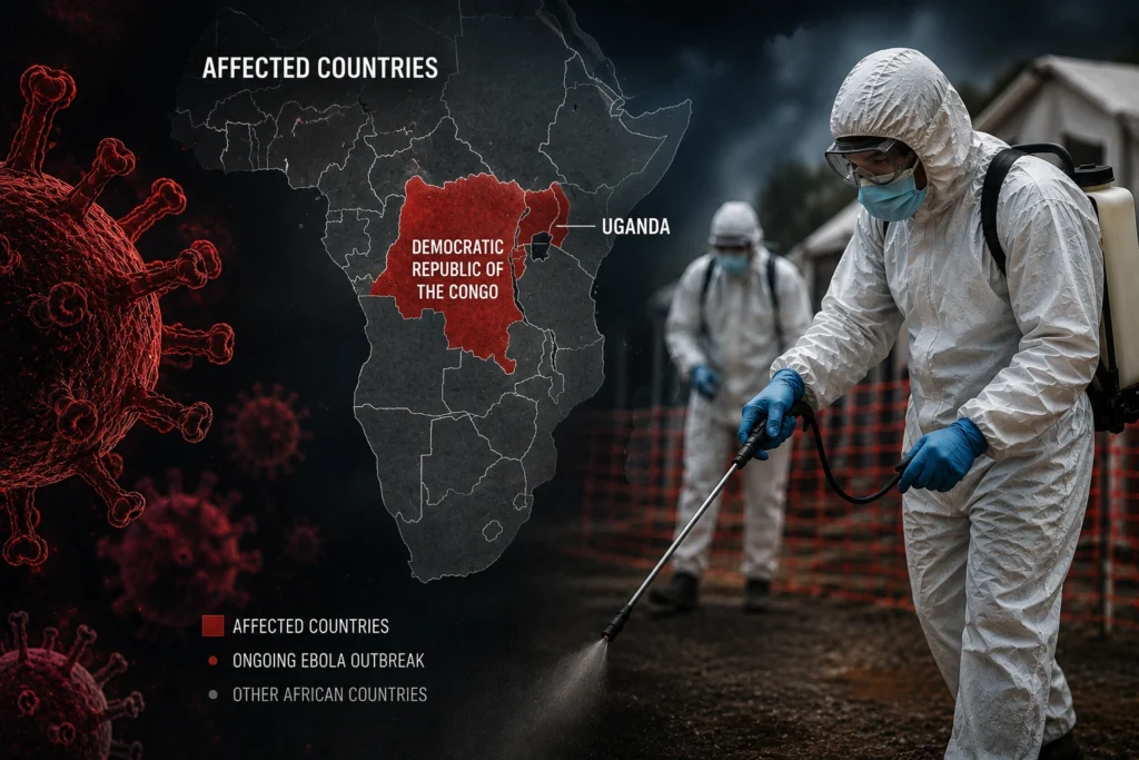 Healthcare workers in protective suits conduct decontamination efforts alongside a map highlighting DR Congo and Uganda during an Ebola outbreak.