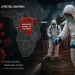 Healthcare workers in protective suits conduct decontamination efforts alongside a map highlighting DR Congo and Uganda during an Ebola outbreak.
