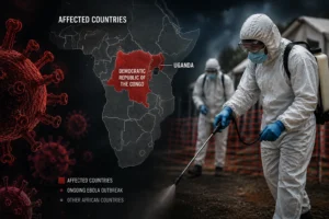 Healthcare workers in protective suits conduct decontamination efforts alongside a map highlighting DR Congo and Uganda during an Ebola outbreak.