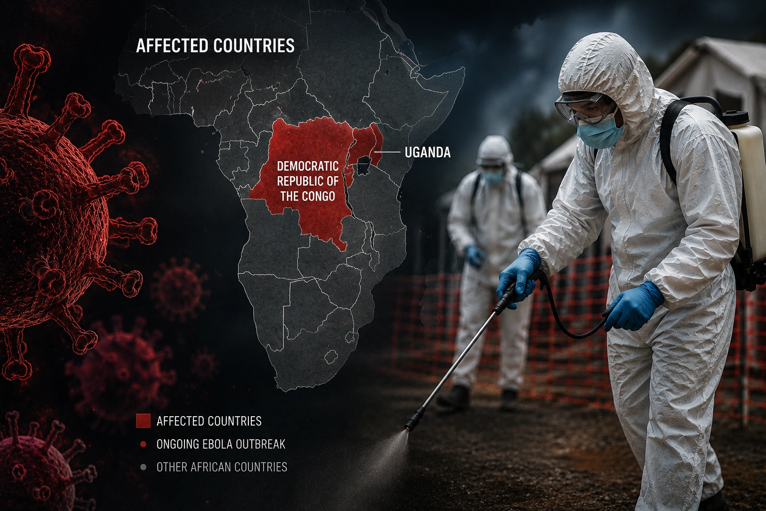 Healthcare workers in protective suits conduct decontamination efforts alongside a map highlighting DR Congo and Uganda during an Ebola outbreak.