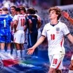England players celebrate and regroup during an international football match in a professionally designed sports banner.