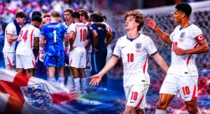 England players celebrate and regroup during an international football match in a professionally designed sports banner.