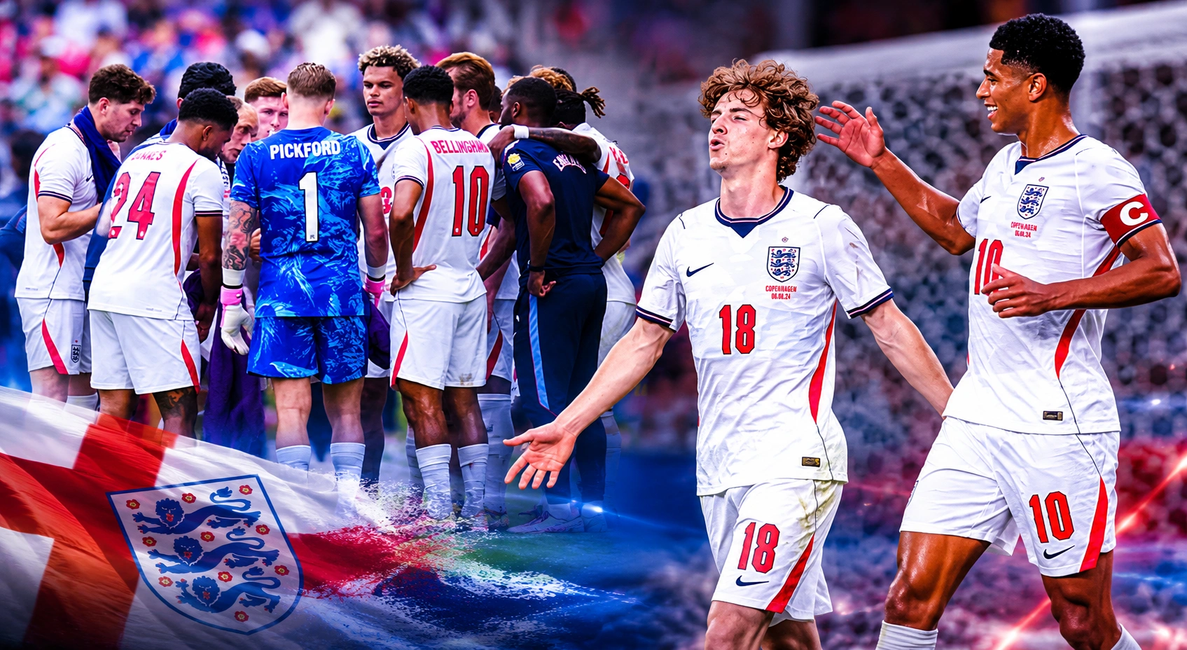 England players celebrate and regroup during an international football match in a professionally designed sports banner.