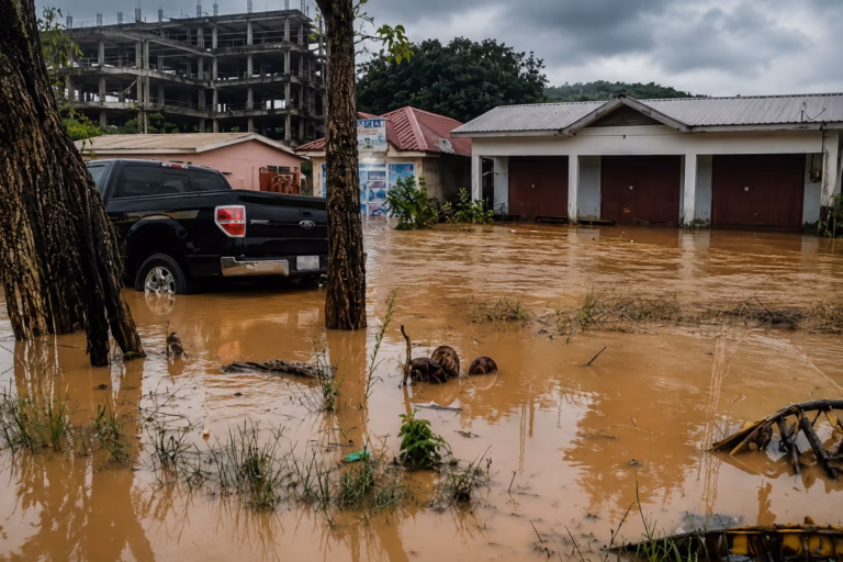 Flooded communities in Samreboi, Ghana, after heavy rainfall caused severe flooding.