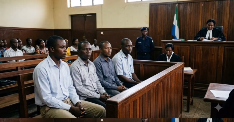 Defendants appear before the High Court in Freetown during Sierra Leone's first prosecution under the child marriage law.
