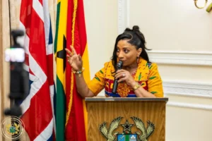 Ghana's UK High Commissioner Sabah Zita Benson speaking at a diaspora conference in London.