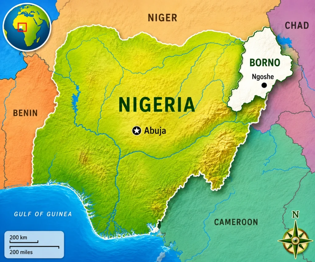 Colourful infographic map of Nigeria highlighting Borno State and the town of Ngoshe in northeastern Nigeria.