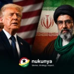 Composite image showing former US President Donald Trump and an Iranian religious and political figure against the flags of the United States and Iran.