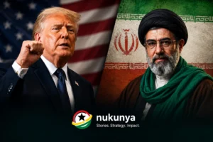 Composite image showing former US President Donald Trump and an Iranian religious and political figure against the flags of the United States and Iran.
