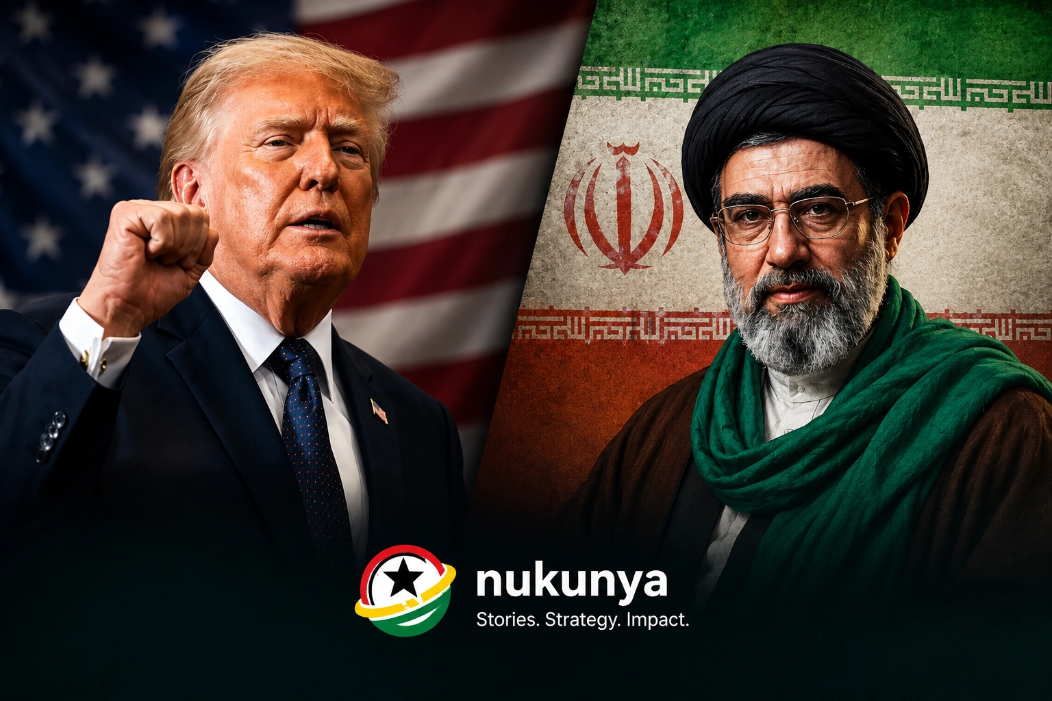 Composite image showing former US President Donald Trump and an Iranian religious and political figure against the flags of the United States and Iran.