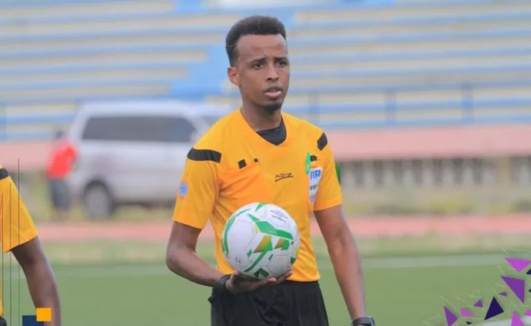 Somali FIFA referee Omar Abdulkadir Artan during an international football match.