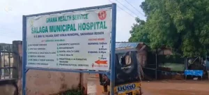 Entrance sign of Salaga Municipal Hospital in the East Gonja Municipality of Ghana's Savannah Region.
