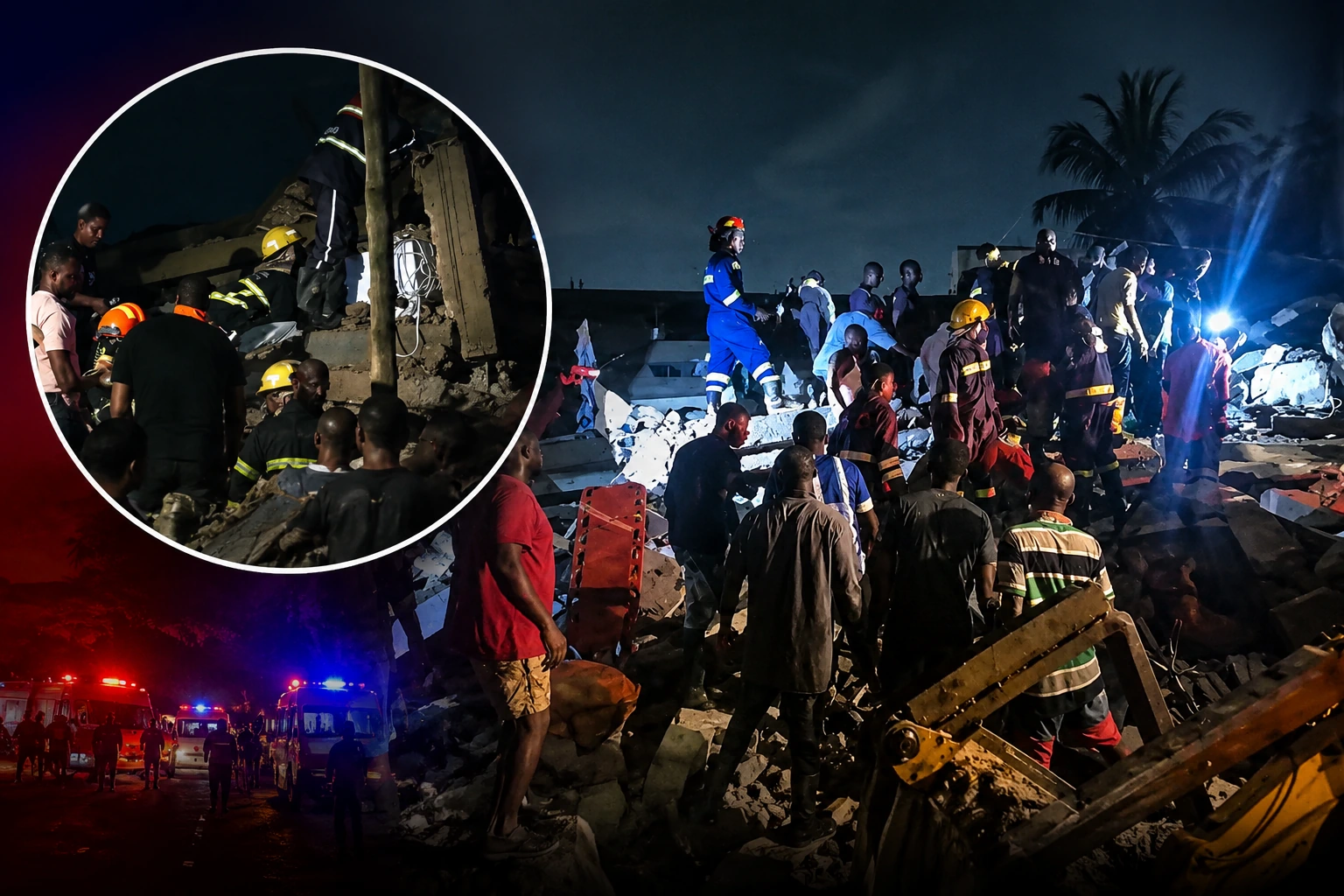 Emergency responders working at the scene of a building collapse in Adenta.