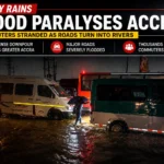 Heavy rainfall causes severe flooding on major roads in Accra, disrupting traffic and leaving commuters stranded.