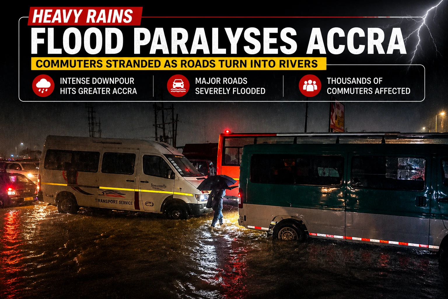 Heavy rainfall causes severe flooding on major roads in Accra, disrupting traffic and leaving commuters stranded.