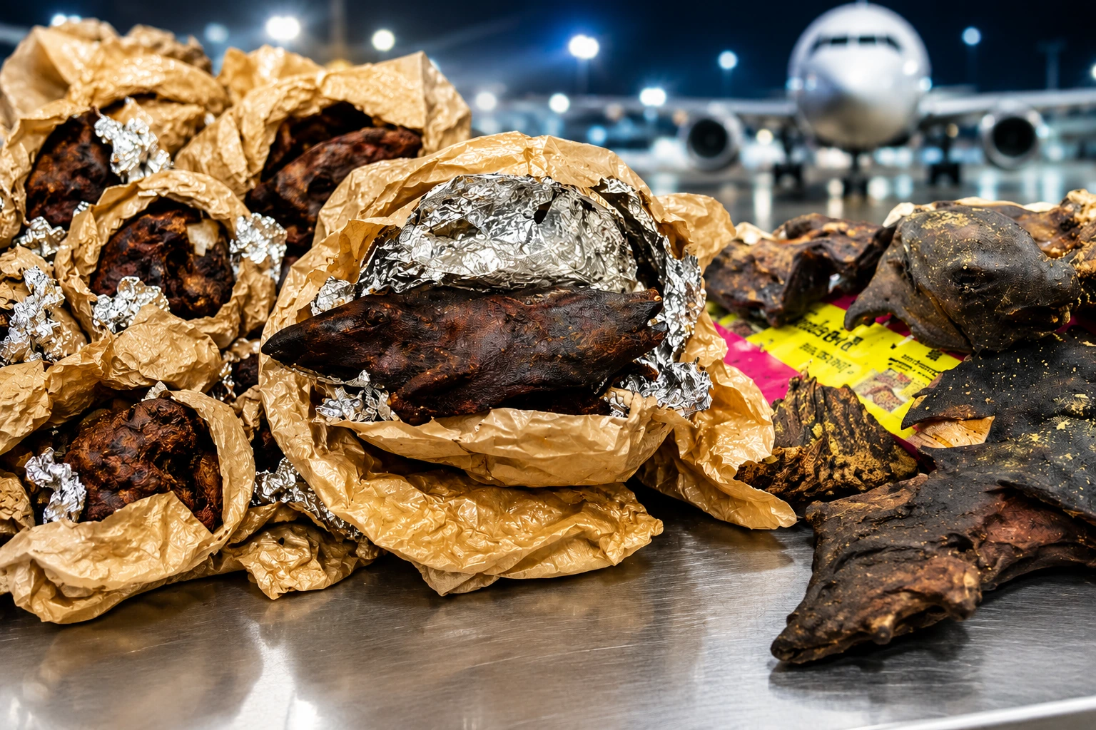 Authorities display seized bushmeat following an airport interception as efforts continue to combat illegal wildlife trafficking and related public health risks.