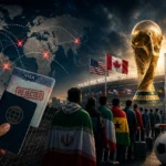 Fans queue outside a stadium beside a passport and visa document as debate grows over access to the 2026 FIFA World Cup.