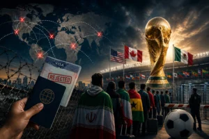 Fans queue outside a stadium beside a passport and visa document as debate grows over access to the 2026 FIFA World Cup.