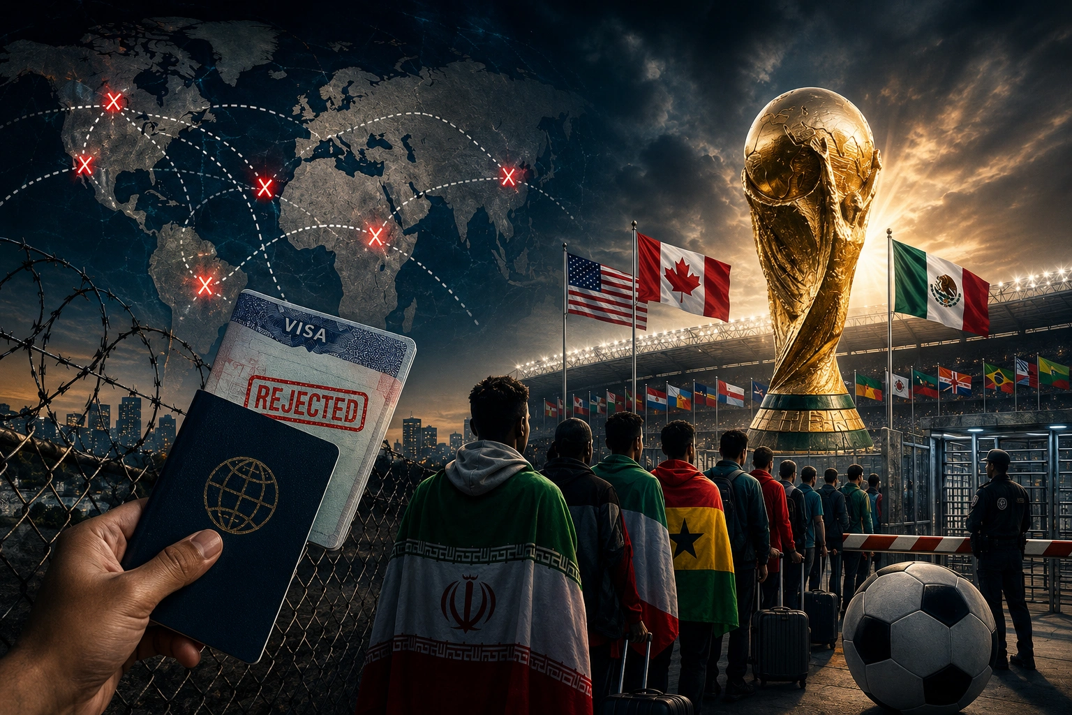 Fans queue outside a stadium beside a passport and visa document as debate grows over access to the 2026 FIFA World Cup.