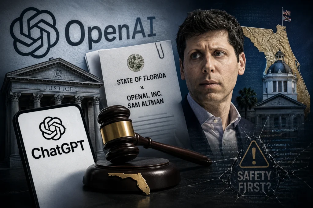 OpenAI, ChatGPT and legal imagery are shown alongside Florida state symbols and a courtroom setting, illustrating a lawsuit involving AI safety and regulation.