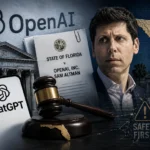 OpenAI, ChatGPT and legal imagery are shown alongside Florida state symbols and a courtroom setting, illustrating a lawsuit involving AI safety and regulation.