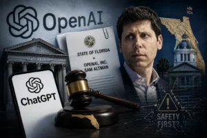 OpenAI, ChatGPT and legal imagery are shown alongside Florida state symbols and a courtroom setting, illustrating a lawsuit involving AI safety and regulation.