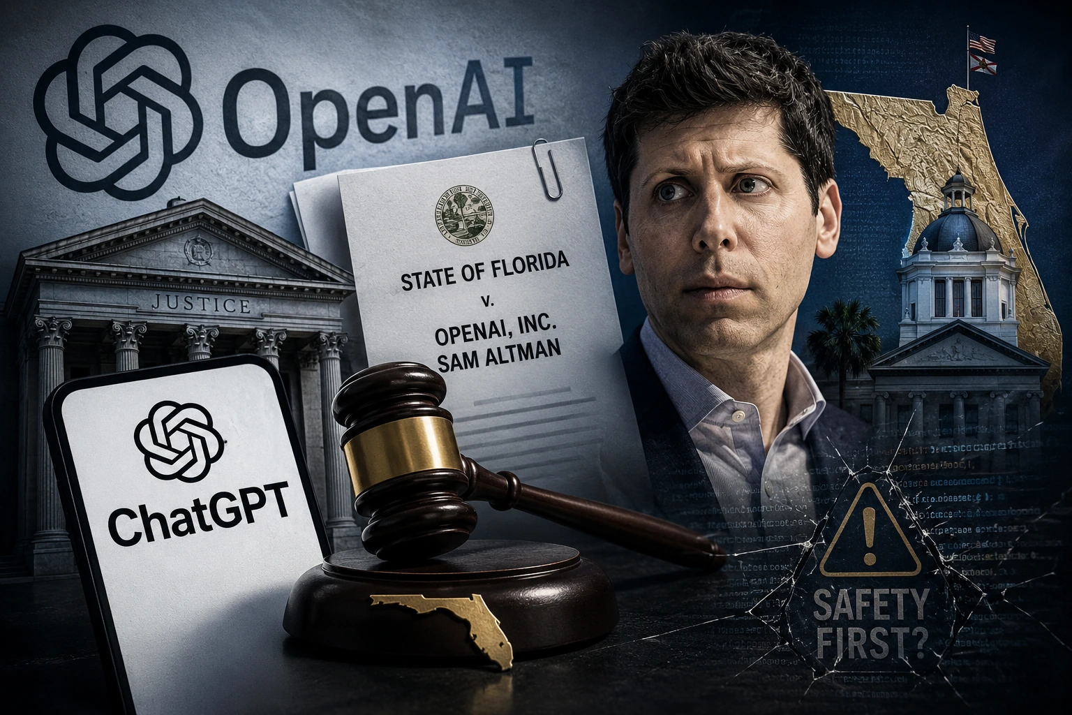 OpenAI, ChatGPT and legal imagery are shown alongside Florida state symbols and a courtroom setting, illustrating a lawsuit involving AI safety and regulation.