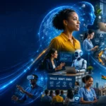 AI, automation, digital skills and workforce transformation depicted in a futuristic workplace
