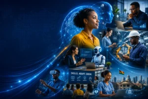 AI, automation, digital skills and workforce transformation depicted in a futuristic workplace