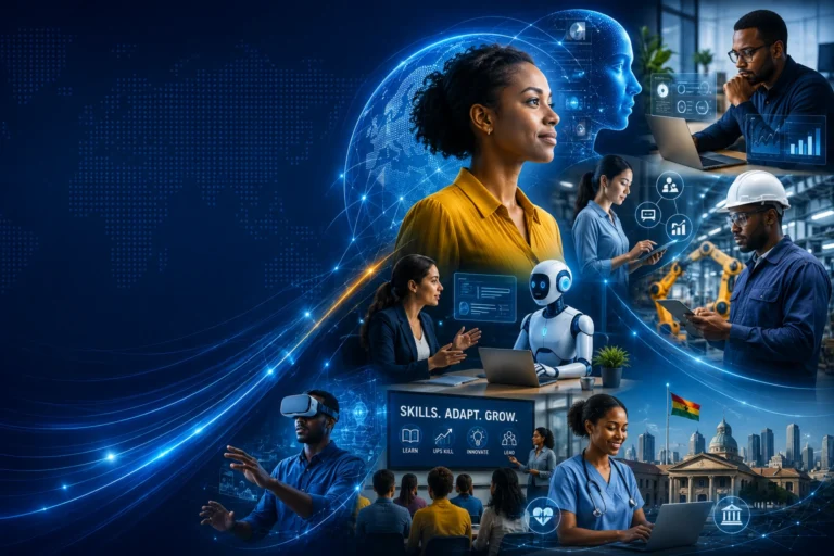 AI, automation, digital skills and workforce transformation depicted in a futuristic workplace