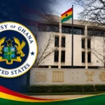 Embassy of Ghana in Washington DC with Ghanaian flag and official embassy seal