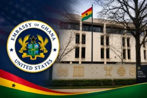Embassy of Ghana in Washington DC with Ghanaian flag and official embassy seal