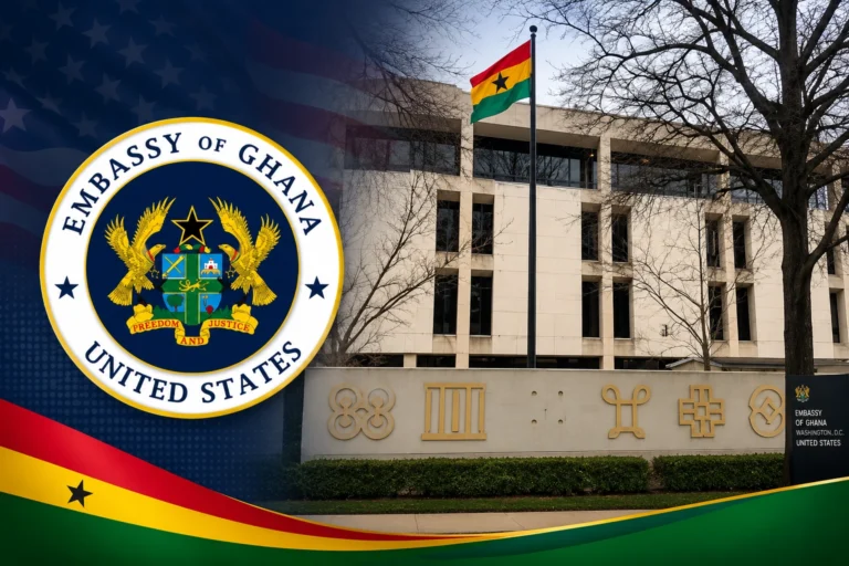Embassy of Ghana in Washington DC with Ghanaian flag and official embassy seal