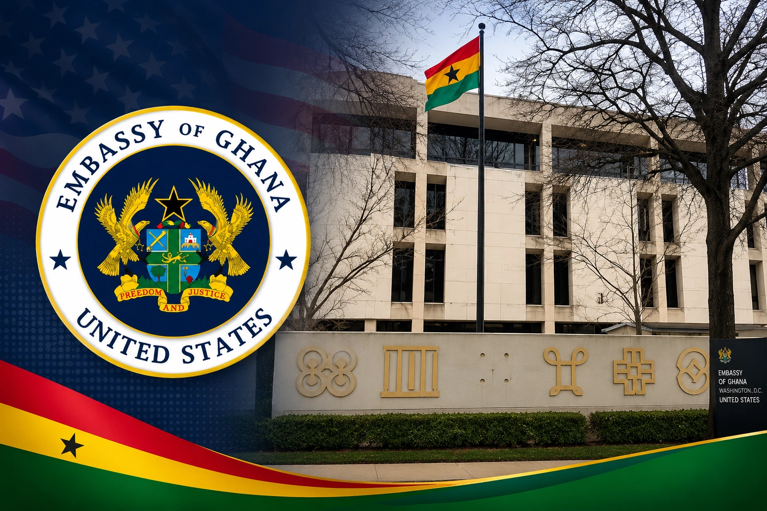 Embassy of Ghana in Washington DC with Ghanaian flag and official embassy seal