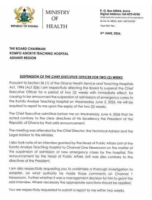 Official Ministry of Health letter directing the suspension of the Chief Executive Officer of Komfo Anokye Teaching Hospital.
