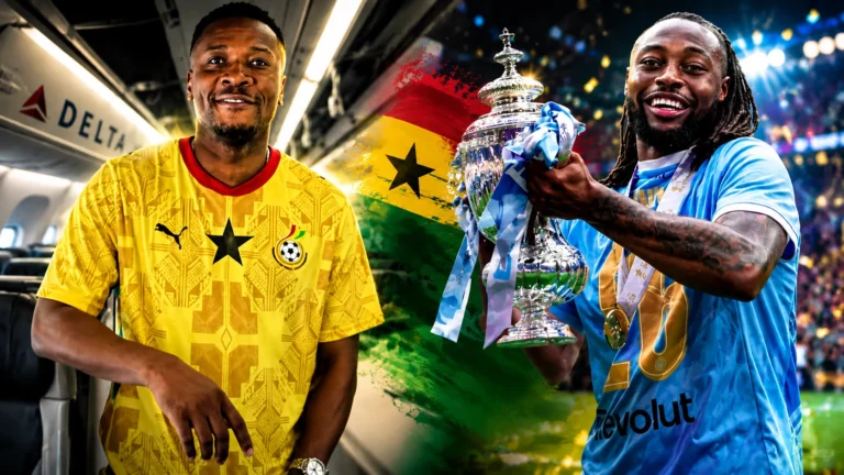 Asamoah Gyan says Antoine Semenyo celebrates with a trophy during the 2025-26 season.