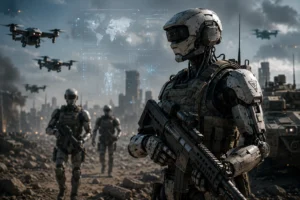 A humanoid robot during testing as experts debate the future role of robotics in military operations.