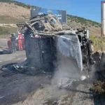 Burnt Lebanese Army vehicle after Israeli strike in southern Lebanon that killed three military personnel including a brigadier general.